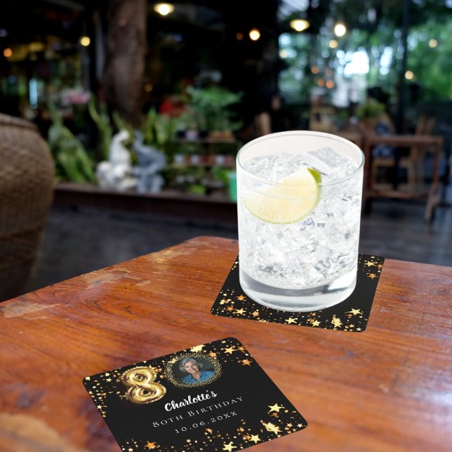 80th birthday black gold stars photo square paper coaster (Creator Uploaded)