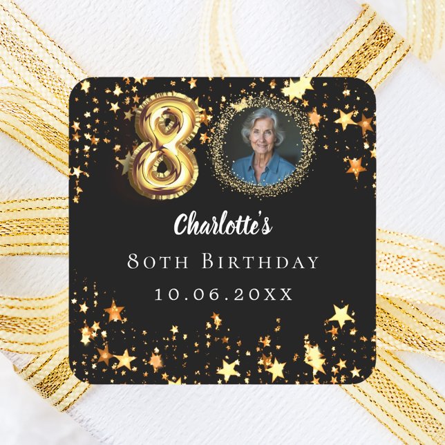 80th birthday black gold stars photo square sticker (Creator Uploaded)
