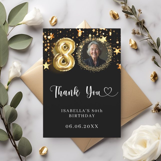 80th birthday black gold stars photo thank you card (Creator Uploaded)