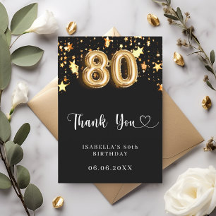 80th birthday black gold stars thank you card