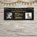 80th Birthday Black Gold String Lights Photos Banner<br><div class="desc">Celebrate a 80th birthday with this banner sign featuring a retro gold typography title design of 80 YEARS IN THE MAKING that incorporates his or her birth year as part of the design, 2 photos (fun to include Then and Now photos), gold string lights and your personalised custom message (the...</div>