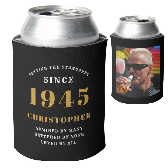 80th Birthday Black Gold With Name & Photo Can Cooler (80th birthday personalized can cooler with name and photo)