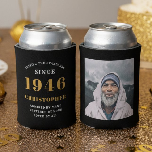 80th Birthday Black Gold With Photo Can Cooler (80th birthday can coolers on a a gold table.)