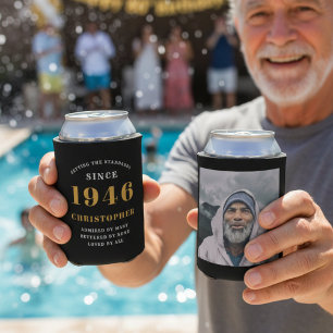 80th Birthday Black Gold With Photo Can Cooler