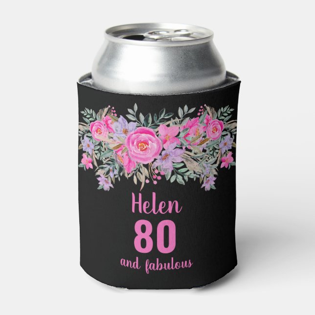 80th birthday black pink floral can cooler (Can Front)
