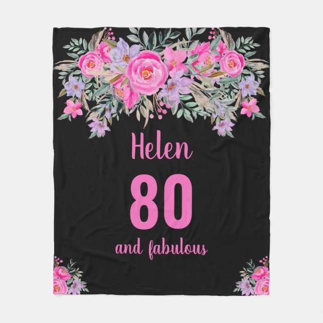 80th birthday black pink floral  fleece blanket (Front)