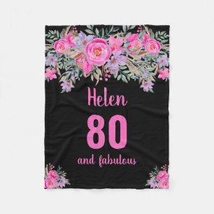 80th birthday black pink floral  fleece blanket