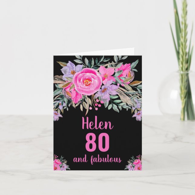 80th birthday black pink watercolor floral card (Front)