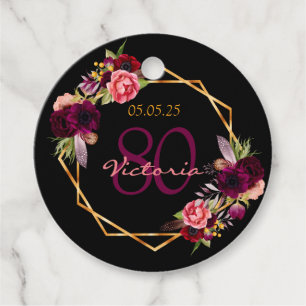 80th birthday black purple floral Thank You Favour Tags