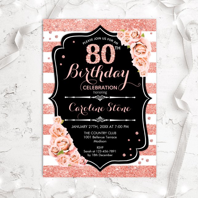 80th Birthday Black Rose Gold and White Stripes Invitation (Creator Uploaded)