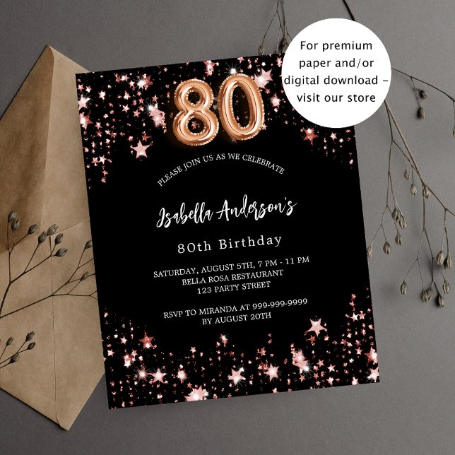 80th birthday black rose gold invitation (Creator Uploaded)