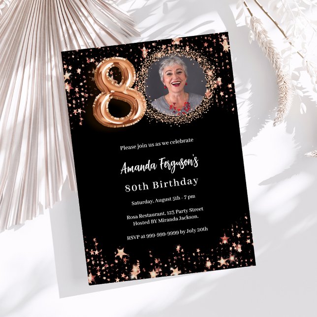 80th Birthday black rose gold photo stars Invitation (Creator Uploaded)
