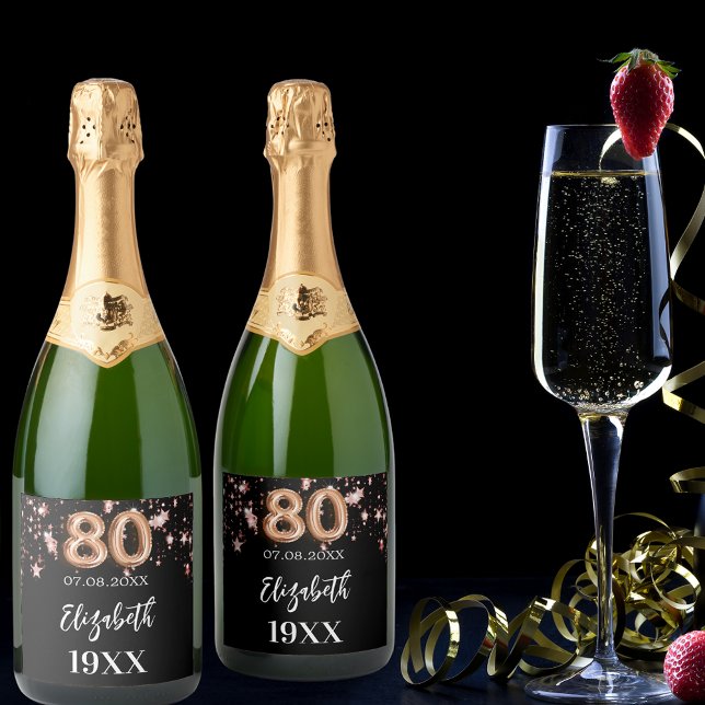 80th Birthday black rose gold stars Sparkling Wine Label (Creator Uploaded)