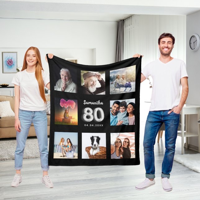 80th birthday black silver photo collage name fleece blanket (Creator Uploaded)