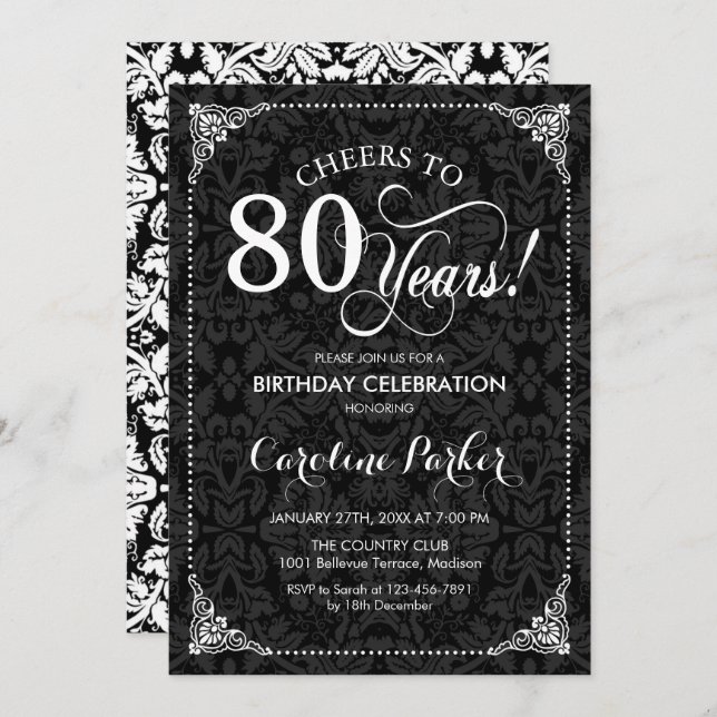 80th Birthday - Black White Damask Invitation (Front/Back)