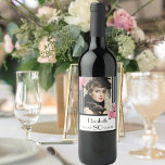 80th birthday black white stripes floral photo wine label<br><div class="desc">For an elegant and fun 80th birthday party. Classic slim black and white vertical stripes as background.  With girly and feminine flowers,  pink roses and peonies as decoration.  
A frame on front with template for the age 80,  a name and dates. Template for your own vertical photo.</div>