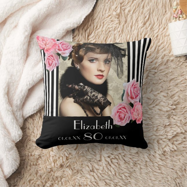 80th birthday black white stripes photo cushion (Blanket)
