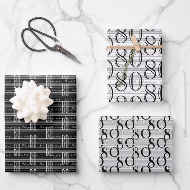 80th Birthday Black White Typography Numbers Wrapping Paper Sheet (Front)