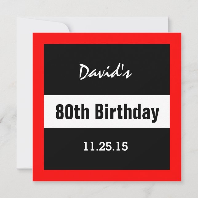 80th Birthday Black with Red Frame Custom A01E Invitation (Front)
