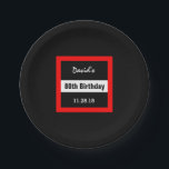 80th Birthday Black with Red Frame Custom A16 Paper Plate<br><div class="desc">80th Birthday Black with Red Frame Custom A16. It's BIRTHDAY time... .Let's CELEBRATE! This classic and elegant geometric design with places to personalise with a name, and birthday year, and event date is a fun way to start the party! Click link to see more birthday t-shirts, mugs, magnets and more!...</div>