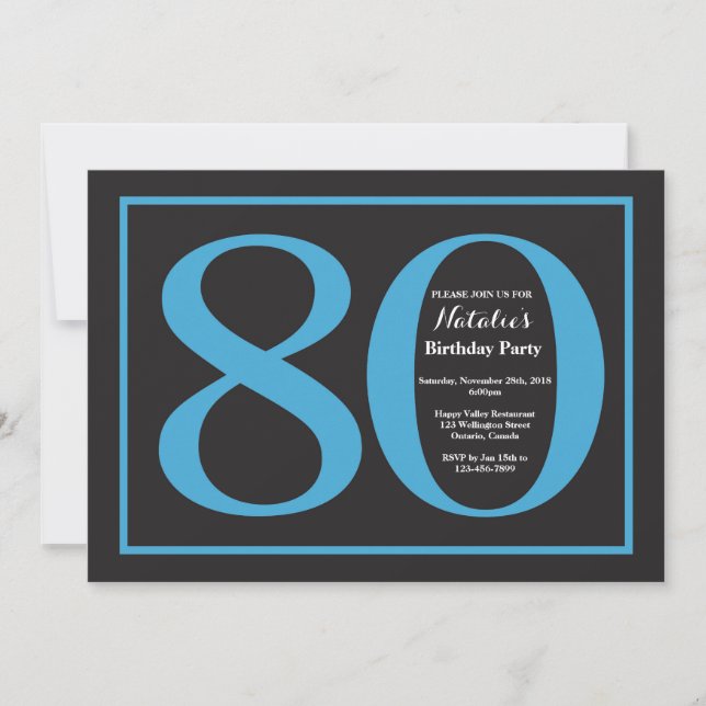 80th Birthday Blue and Black Chalkboard Invitation (Front)