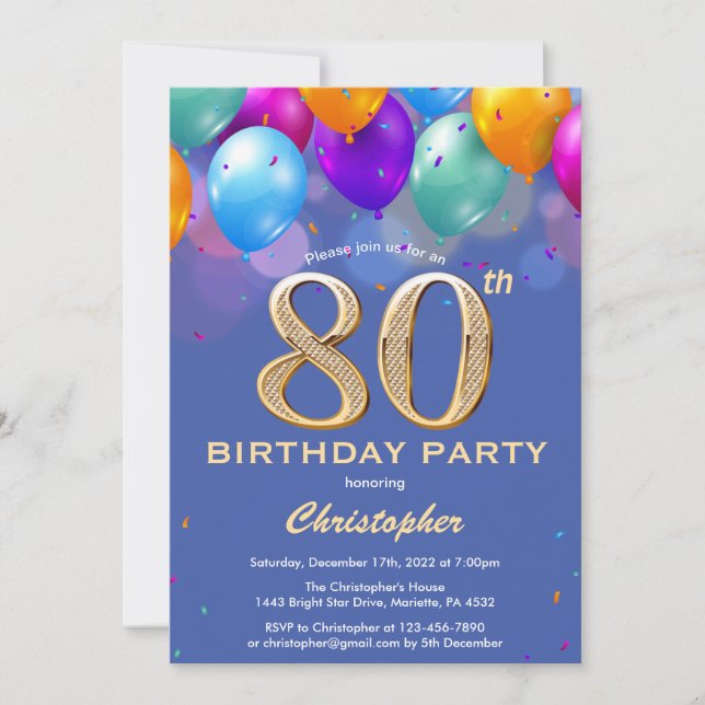 80th Birthday Blue and Gold Colourful Balloons Invitation (Front)
