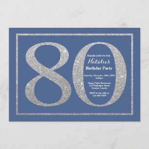 80th Birthday Blue and Silver Glitter Invitation