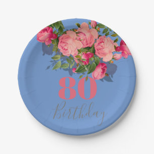 80th Birthday Blue Elegant Pink Rose Eightieth Paper Plate