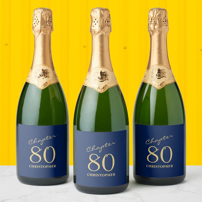 80th Birthday Blue Gold Chapter 80 Sparkling Wine Label (Custom 80th birthday sparkling wine and champagne labels. Easily personalized for a unique   party.)
