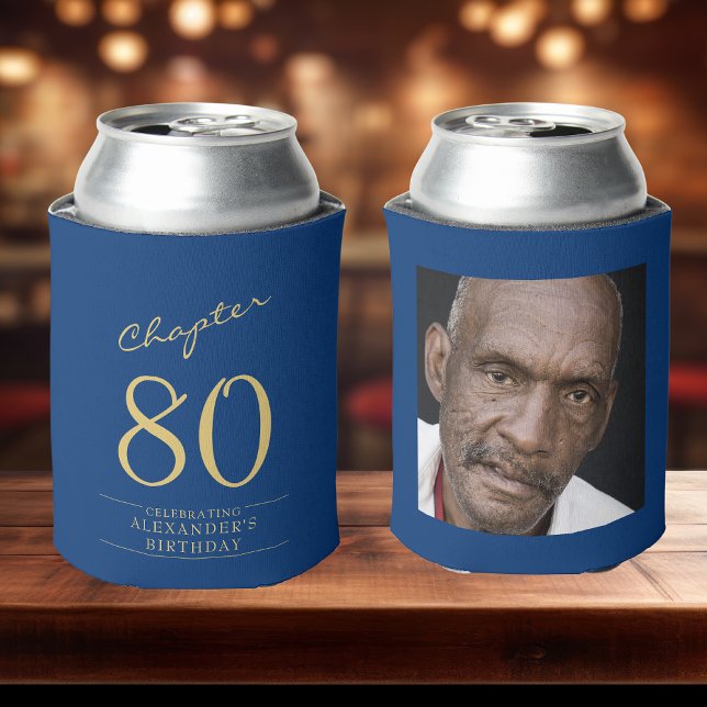 80th Birthday Blue Gold Photo Template Can Cooler (Custom 80th birthday can coolers with name on front, photo on rear. Two sat on a bar top)