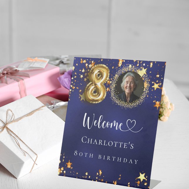 80th Birthday blue gold stars photo welcome Pedestal Sign (Creator Uploaded)