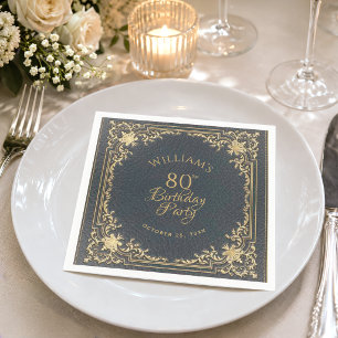 80th Birthday Blue Gold  Vintage Elegant Script Napkin