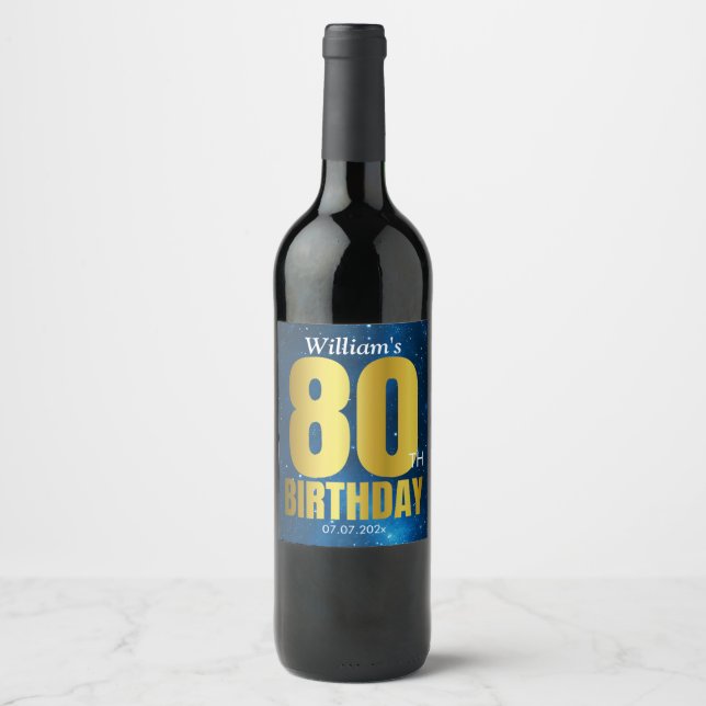 80th Birthday Blue Gold Wine Label (Front)