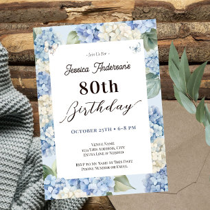 80th Birthday Blue Hydrangea Adult Garden Invitation
