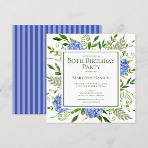 80th Birthday Blue Hydrangeas Floral Watercolor Invitation