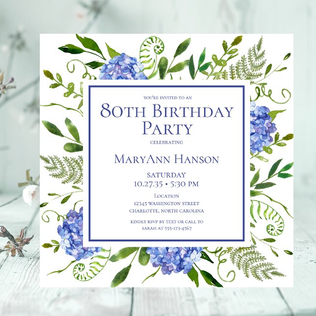 80th Birthday Blue Hydrangeas Floral Watercolor Invitation (Creator Uploaded)