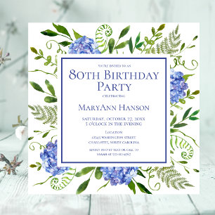 80th Birthday Blue Hydrangeas Floral Watercolor Invitation