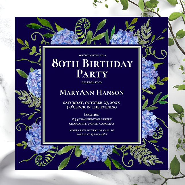 80th Birthday Blue Hydrangeas Floral Watercolor Invitation (Creator Uploaded)