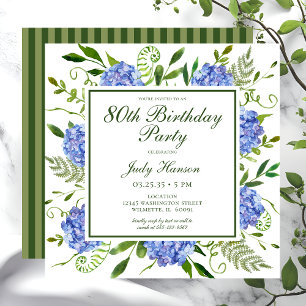 80th Birthday Blue Hydrangeas Floral Watercolor Invitation