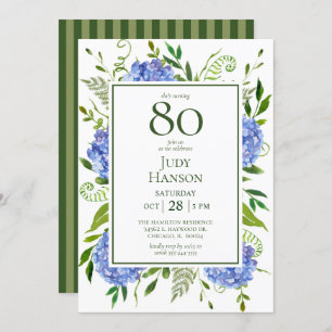 80th Birthday Blue Hydrangeas Invitation