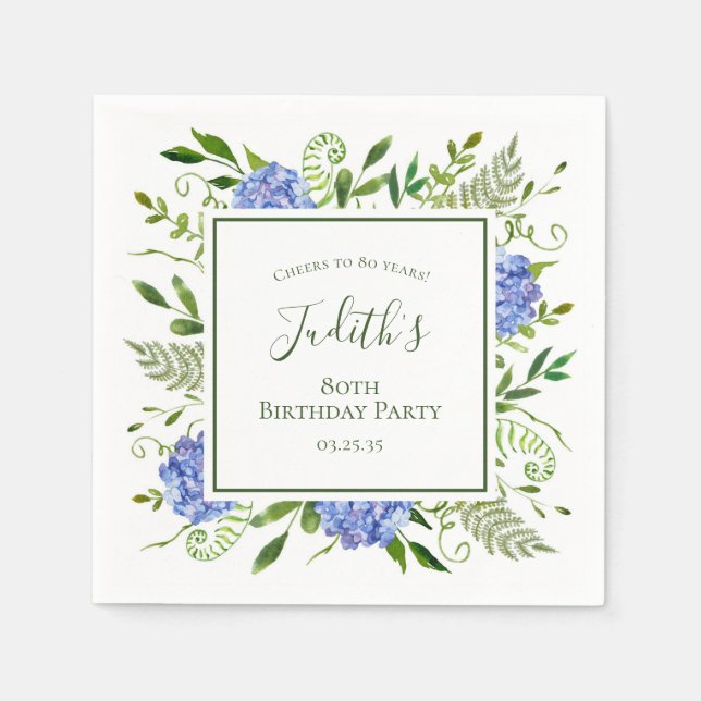 80th Birthday Blue Hydrangeas Napkin (Front)
