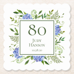 80th Birthday Blue Hydrangeas Paper Coaster
