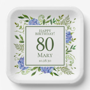 80th Birthday Blue Hydrangeas Paper Plate