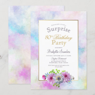 80th Birthday Blue Pink Floral Surprise Party Invitation
