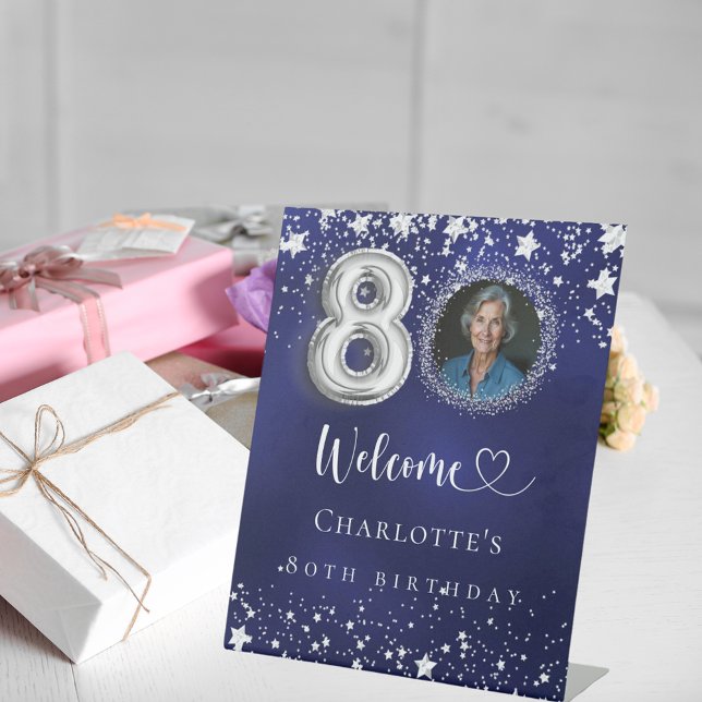 80th Birthday blue silver stars photo welcome Pedestal Sign (Creator Uploaded)