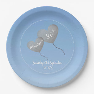 80th birthday blue sky & silver balloon paper plate