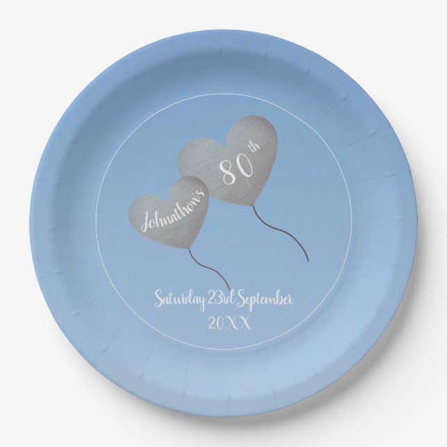 80th birthday blue sky & silver balloon paper plate (Front)