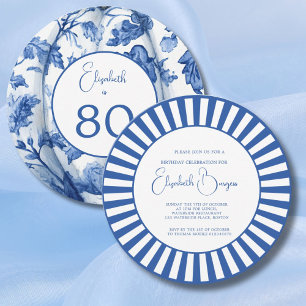 80TH Birthday Blue Stripe Floral Invitation