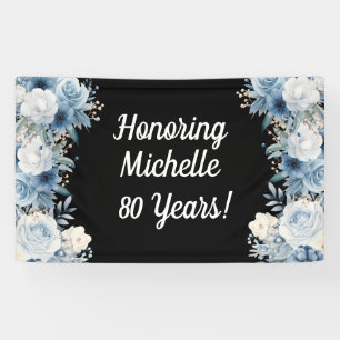 80th Birthday Blue White Floral Black Elegant Banner