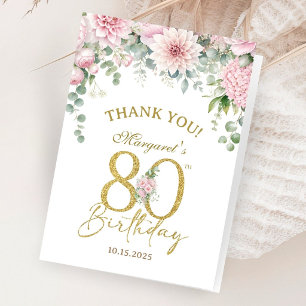 80th Birthday Blush Pink Gold Folded Thank You Card